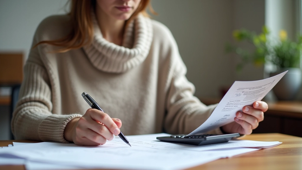 Personne analysant sa fiche de paie sur un bureau avec stylo et calculatrice